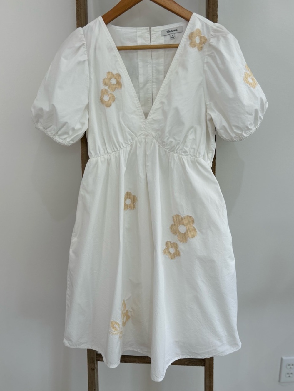 Madewell Annamarie Embroidered Mini Dress White Floral Gingham Puff Sleeve XS